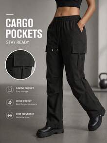 Women's Lightweight Cargo Pants, Parachute Pants, Elastic Waist Drawstring With Side Flap Pockets For Casual Streetwear, Long Sports Pants Black Spring - Black - View 1