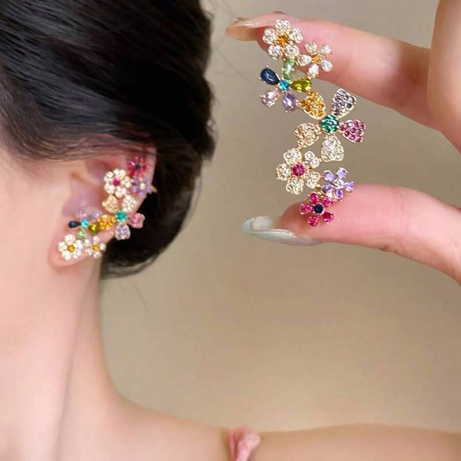 一对时尚多彩花卉设计耳环,镶嵌彩色水钻,高端独特设计,耳夹式,别致、美丽、夸张、优雅,适合女士节日/派对/新娘佩戴,尽显高贵气质,适合各种场合。 - 彩色 - 查看 1