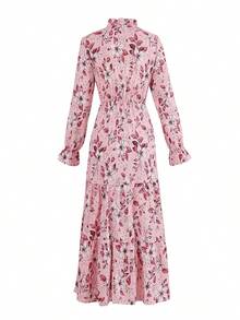Women's Elegant Floral Print Bohemian Style Ruffle Hem Beach Vacation Dress Spring - Baby Pink - View 6