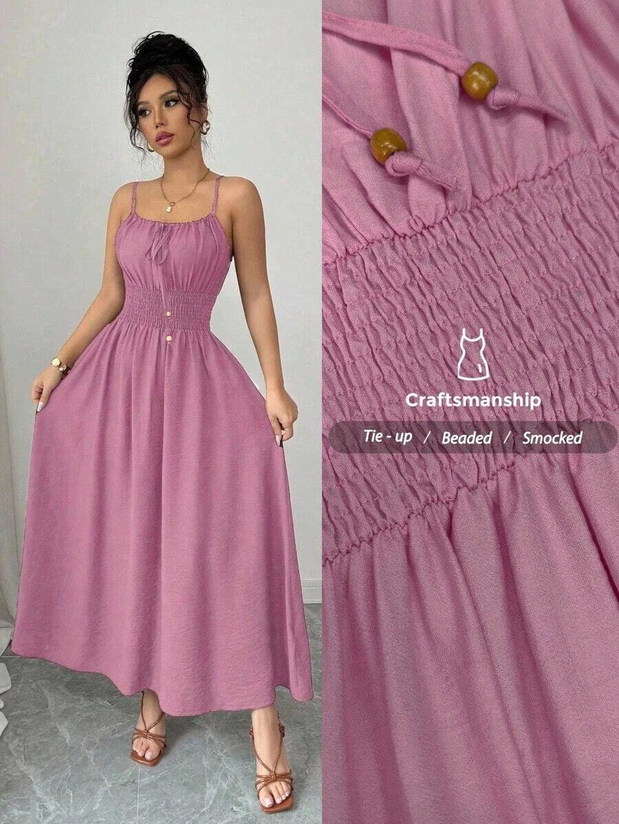 Vestido de lino con nudo en el frente, plisado en la cintura y sin mangas, color café claro, cómodo y casual, para primavera y verano - Rosa - Ver 1