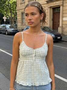 Womenacute;s Summer Casual Camisole Solid/Plaid Sleeveless Deep V Neck Ruffle Hem Sling Vest - Cuadros verdes - Ver 1