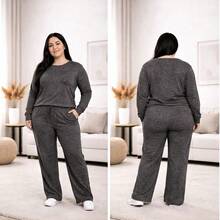Lanzinha Ribi Plus Size Winter Set - Long-Sleeved Blouse And Wide-Leg Pants - Super Comfortable - Grey - View 1