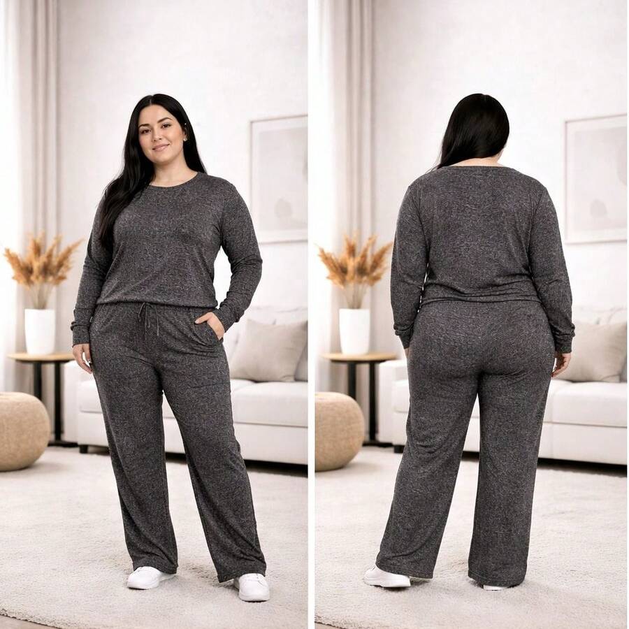 Lanzinha Ribi Plus Size Winter Set - Long-Sleeved Blouse And Wide-Leg Pants - Super Comfortable - Grey - View 1