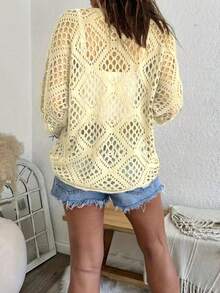 Plus Size Summer Vacation Solid Color Hollow Out Knit Sweater - Yellow - View 3