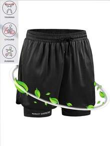 Men's 2-In-1 Summer Sports Quick-Dry Shorts, Elastic Casual Pants, Double Layer Compression Shorts With Letter Print, Boyfriend Pants Black - Black - View 3