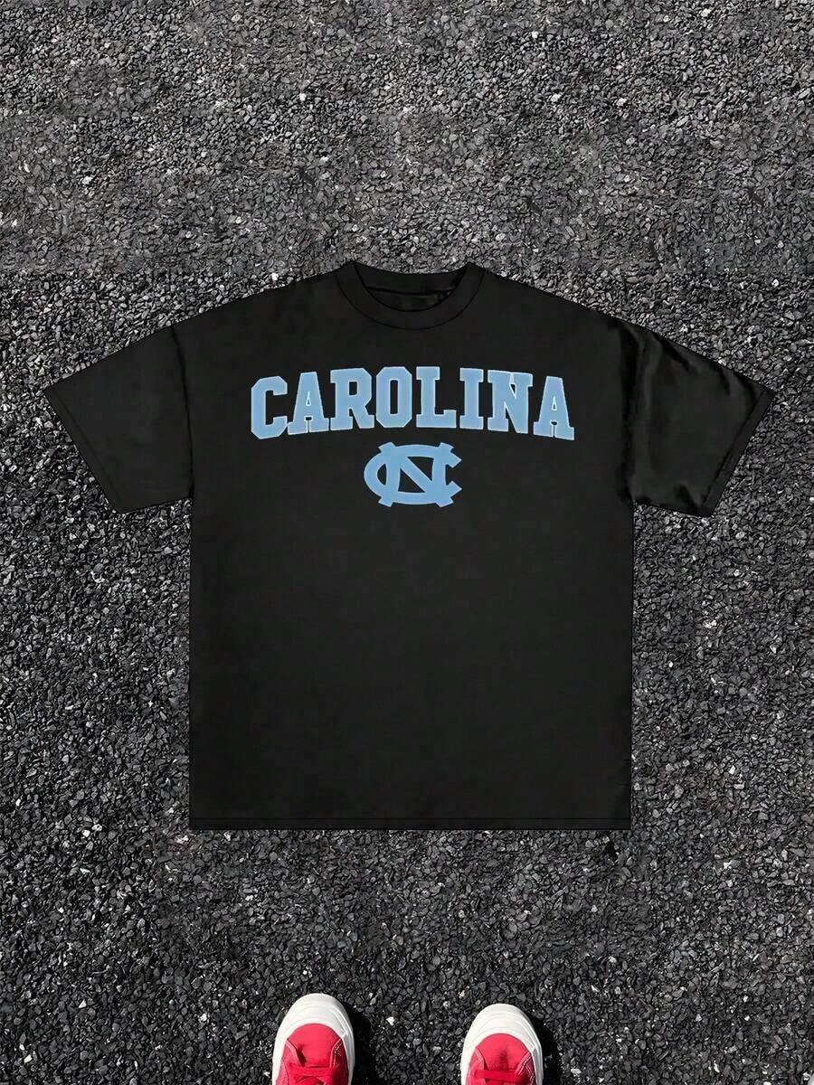 Carolina Men's Sports T-Shirt With Letter Print, 220g, 1 Piece, Urban Style, 100% Cotton, Vintage Casual T-Shirt, College Style, Digital Print - 黑色 - 查看 1