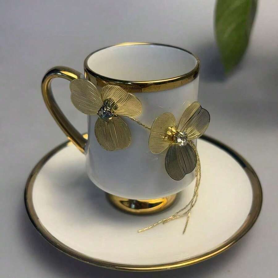 1件套复古奢华土耳其咖啡杯碟套装,金色花卉水钻装饰,适合盛放茶具和浓缩咖啡的礼品 - 金白 - 查看 1