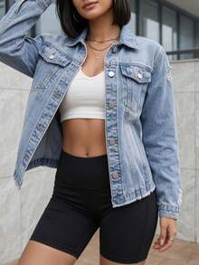 Solid Color Frayed Edge Dropped Shoulder Long Sleeve Distressed Fashion Jacket - Light Wash - View 6