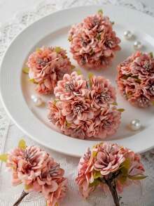 1pc (6 Heads) Mini Artificial Carnation Silk Pom Pom Flower Headpiece Fake Plant Autumn Wedding Candy Box Decoration Vase Home Restaurant Bedroom Decor Holiday Birthday Party Outdoor Garden Decoration - Red Bean Paste Powder - View 8
