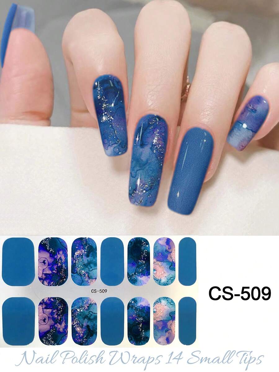 1张黑色指甲油贴纸，全甲贴，银色渐变闪亮星星图案，女士自粘DIY美甲贴条 - 霧霾藍 - 查看 1