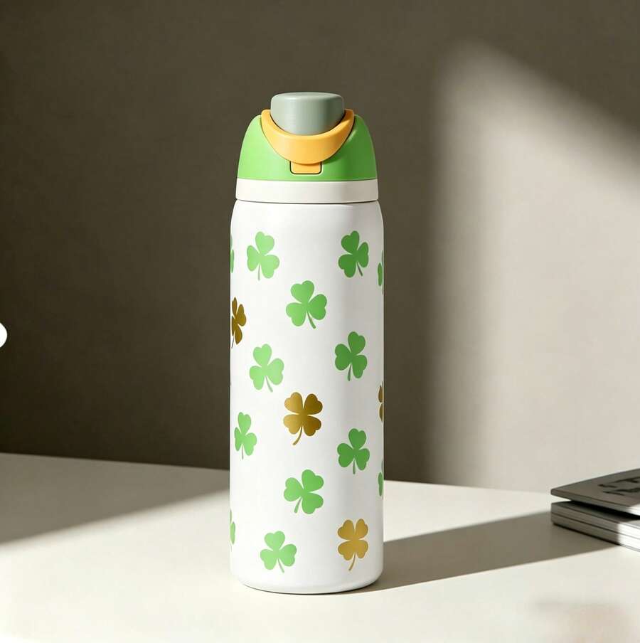24oz Reusable Stainless Steel Water Bottle, Pattern Design With Handle And Flip Straw, Insulated Leak Proof Fits Cup Holder, Gift For Men Women Daily Use - clover - 查看 1