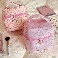 1 Stück extra große rosa gestreifte Kirsch-Muster Kosmetiktasche, Handtasche mit großer Kapazität, tragbare wasserdichte Reise-Organizer-Tasche, mädchenhafte einfache Make-up-Tasche für den Alltag, Camping, Pendeln, faltbare Make-up-Werkzeug-Aufbewahrungstasche, Geschenk für Frauen Urlaubsparty - Verschiedenfarbig - Übersicht 4