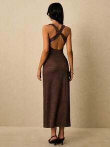 Vestido Largo Elegante para Mujer con Decoración Metálica y Diseño Ajustado a la Cintura - Chocolate - Ver 4