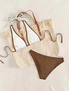 Bộ bikini nữ mùa xuân/hè chấm bi thanh lịch, kiểu dáng thường ngày, áo ngực tam giác màu trắng/nâu cổ yếm chữ V hở lưng buộc dây, quần bơi cạp cao viền tương phản, đồ bơi 2 mảnh kiểu vintage phù hợp cho bãi biển, kỳ nghỉ, tiệc du thuyền sang trọng, tiệc bể bơi. - màu nâu - Xem 2