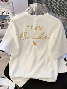 Women's Short-Sleeved T-Shirt With Bridal-Themed Decorative Patterns And The Slogan "" In Cursive Lettering, Round Neck, Short Sleeve, Casual Style For Spring/Autumn/Summer, Back-To-School Outfits For Women, Women's Tops, Summer Outfits, Women's Holiday Outfits, Women's Spring Outfits, Tops, Women's Club Outfits, Black Color, 100% Cotton. - 白色 - 查看 9