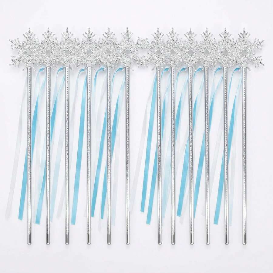 6pcs/12pcs Shiny Silver Snowflake Fairy Magic Wand, Blue & White Ribbon Handheld Scepter, Party Festival Costume Decor Prop - 12 Snowflake Sticks (Drill-free) - View 1