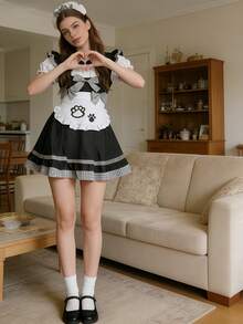 1pc Maid Lolita Dress For Cute Girls, Featuring Delicate Bow And Adorable Paw Print Design, Loose Fit Flattering Silhouette, Suitable For Cute Girl Festivals, Photo Shoots, Parties, Cosplay And More Spring - Multicolor - View 3