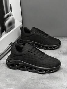 Men's Fashion Versatile Breathable Casual Sports Shoes/Daily Commute Street Style Lightweight Comfortable Hollow Outsole Elevator Running Sneakers - Black - View 3