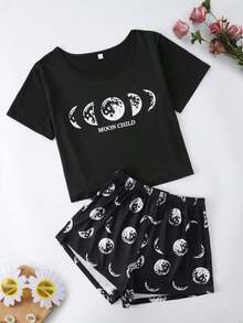 Conjunto de pijama con gráfico de luna y letra - Negro - Ver 1