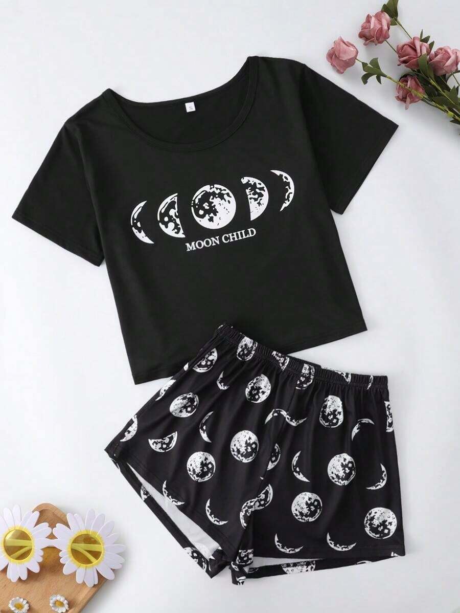 Conjunto de pijama con gráfico de luna y letra - Negro - Ver 1