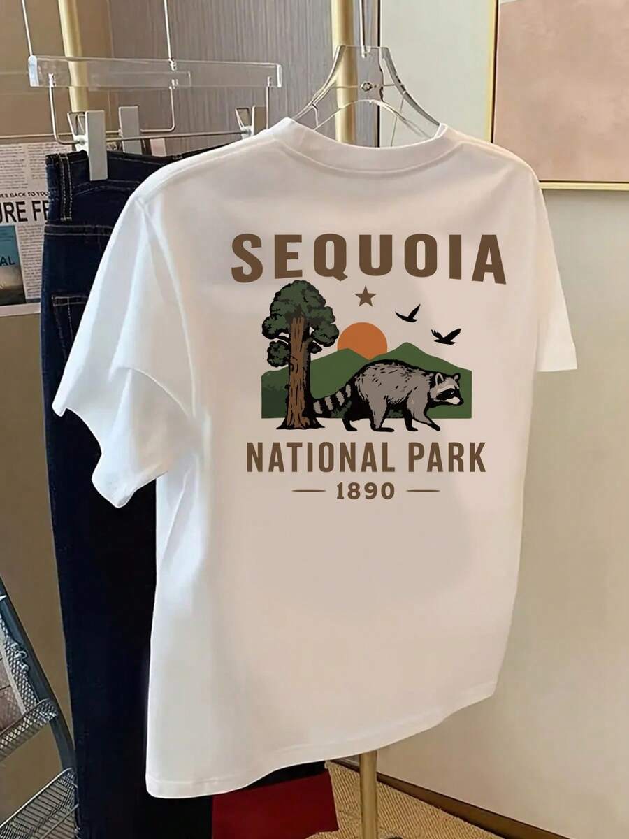 Short Sleeve T-Shirt With Front And Back Print - Sepawa National Park, Redwood National Park Theme Print - Fashionable Spring/Summer Women's T-Shirt, Fashion Item. - White - View 1