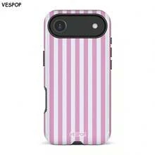 VESPOP 1 buah Casing Ponsel Minimalis Artistik Bergaris Warna-warni Mengkilap 2-in-1 Phile Shell Pelindung Penuh Kompatibel dengan / 11/12/13/14/15/16/17 Pro Max - Garis-garis merah muda terang - View 1