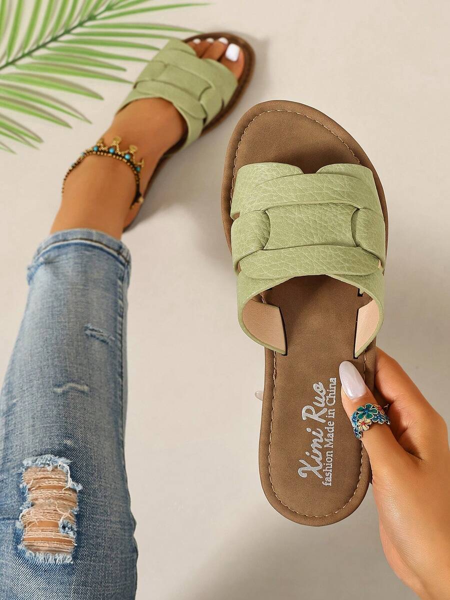Ximi Ruo Korean Style Casual Flat Slippers, Women's Shoes, Open Toe Sandals For Spring, Summer, Suitable For Dresses, Beach, Apartment, Brown Flat Slippers For Women To Wear Outside - Lime Green - View 1
