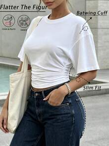 Camiseta básica casual y cómoda para mujer con cintura fruncida, de manga corta multifuncional, de unicolor elegante y transpirable para el verano, en color blanco - Blanco - Ver 8