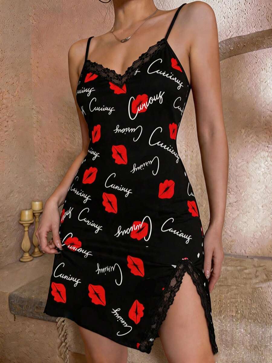 Women's Lace Trim Camisole Nightgown, Spring/Summer - Black - View 1