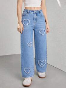 Quần jeans ống rộng dáng suông, quần jeans ống đứng thêu họa tiết đa năng phong cách đường phố. - Rửa trung bình - Xem 13