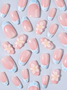 30pcs Short Oval 3D Gel Nail Stickers With Pearl, French Manicure Design, Short Nail Wraps Perfect Fit, Includes: 1 Sheet Jelly Stickers & 1 Nail File - 彩色 - 查看 4