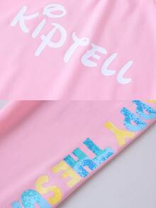 Tween Girl Letter Print Long Sleeve Top, Long Pants And Shorts Burkini Separates Swimsuit Set, Suitable For Summer Vacation - Pink - View 5