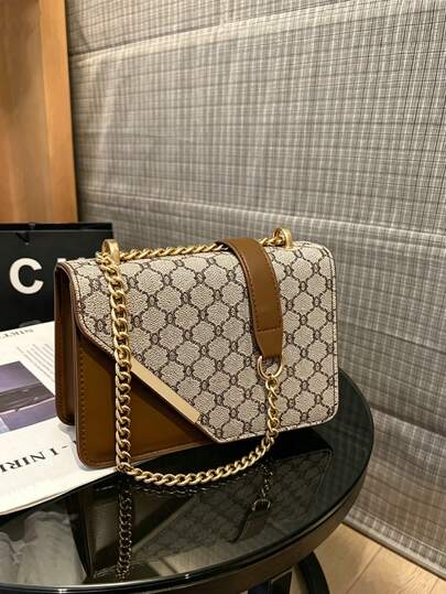 Mini Fashionable Plaid Contrast Stitching Crossbody Bag, Metal Chain Strap Shoulder Bag Square Purse, Suitable For Shopping