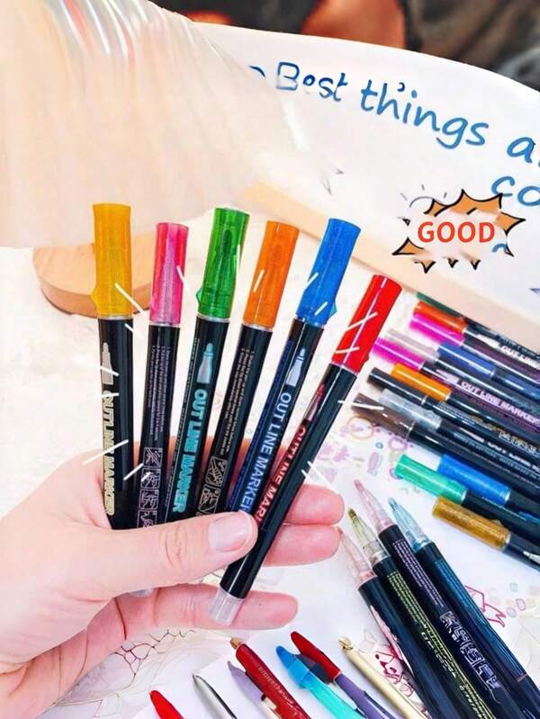 12pcs/24pcs Double-Line Outline Markers, Super Shiny Outline Marker Set, Automatic Outline Metallic Glitter Markers, Suitable For Birthday Cards, Doodles, DIY Crafts, Ceramics, Back To School