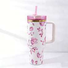 40oz Floral Print Insulated Tumbler With Handle & Straw, Stainless Steel Water Bottle - White - View 3