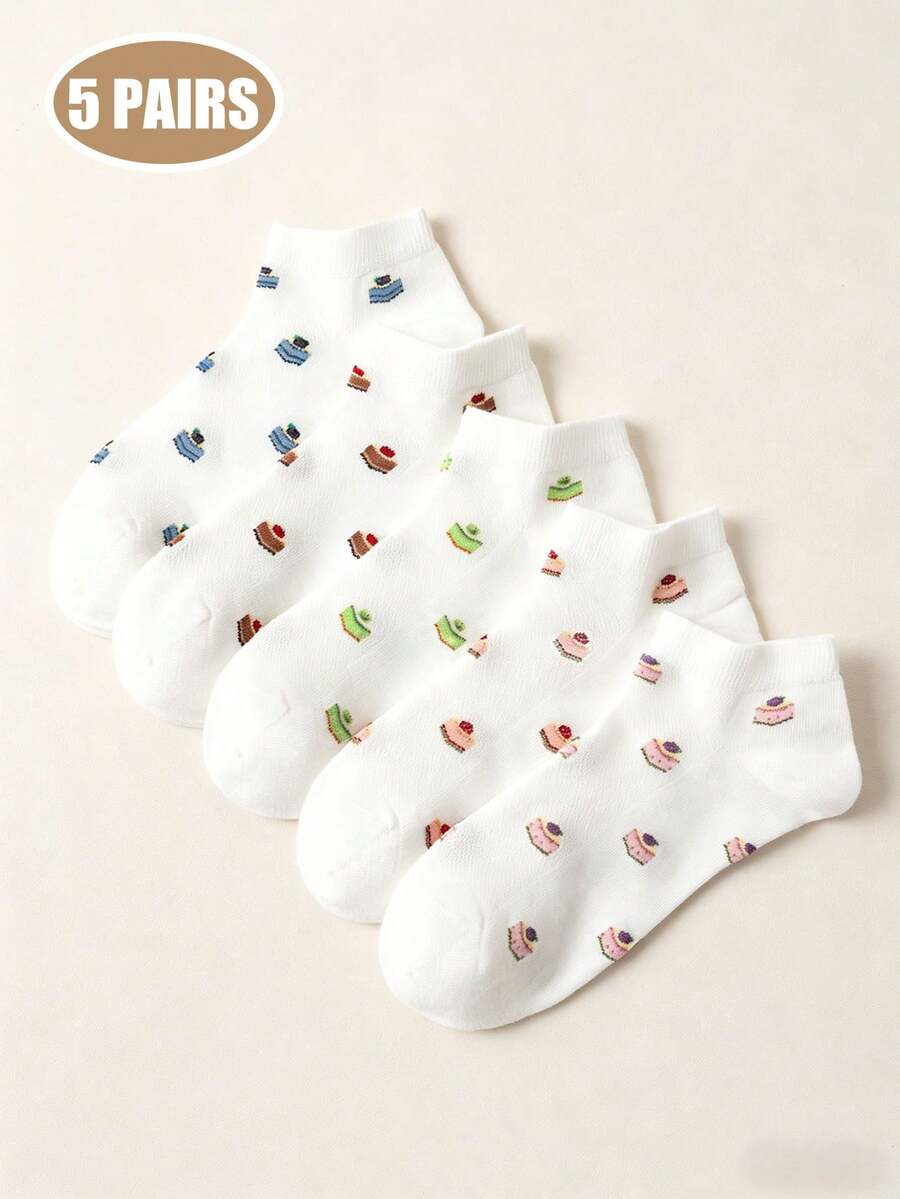 5 pares de calcetines cortos de malla con estampado de pastel para mujeres, lindos y transpirables para uso diario en verano - Multicolor - Ver 1