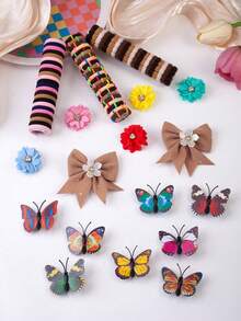 6/830PCS Colorful Coffee Brown Gentle Vintage Girls Hair Accessories Set, Includes Faux Butterfly Hair Clips, Flower Bow Hair Clips, Rhinestone Flower Hair Clips, High Elasticity Non-Damaging Hair Ties, Suitable For Girls Daily, Party, Gift Use - Multicolor - View 7