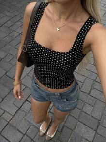Y2K Style Black Polka Dot Print Knit Tank Top, Sleeveless TopSuitable For Beach, Commute And Streetwear Casual Summer - Black - View 1