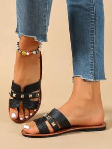 Ximi Ruo Korean Style Casual Flat Slippers For Women, Open Toe, Woven Roman Sandals, Suitable For Spring, Summer, Beach, Vacation, Pair With Dresses, Brown - Black - View 2