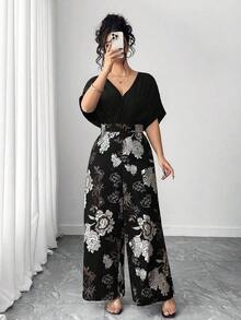 Mono de talla grande con parches de unicolor y estampado, cuello en V y mangas cortas - Blanco y Negro - Ver 4