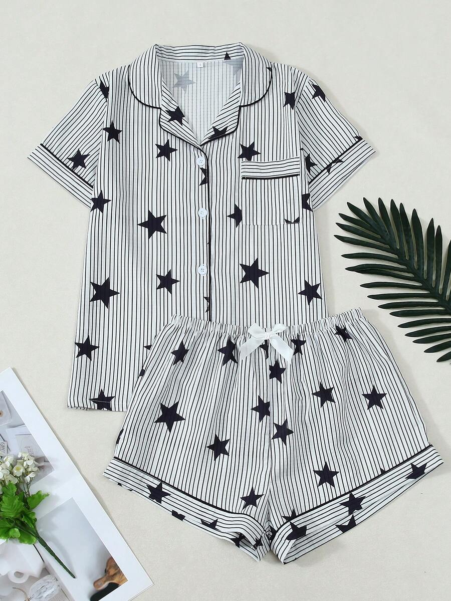 Gestreifte & Stern Muster Frauen Bubble Crinkle Kurzarm Shorts Pyjama Set - Schwarz - Übersicht 1