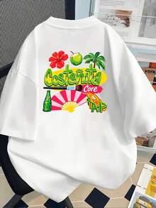 Costenita Core Tropical Printed Short Sleeve T-Shirt With Front And Back Patterns - Women's Fashion Spring/Summer Short Sleeve All Seasons Printed T-Shirt Clothing . - White - View 2