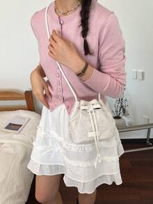 1pc Drawstring Closure Fabric Printed Bucket Bag With Chain, Embroidered Pearl Decor Shoulder Bag, Cute Ladies' Party Evening Clutch, Fashion Gift Handbag Suitable For Women's Party, Evening Wear And Daily Use - White - View 3