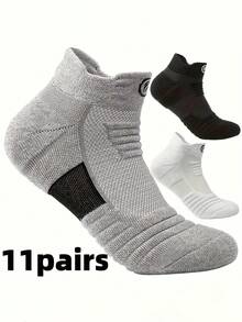 11双加厚毛圈缓冲中筒袜，防滑吸湿运动袜，适合马拉松、户外跑步和休闲穿着 - 彩色 - 查看 1