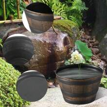 2个8英寸复古橡木树脂威士忌酒桶花盆，适合室内外种植 - 新款 - 查看 7