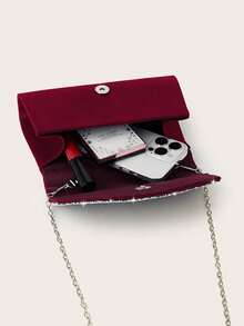 REMANLAND Shiny Pleated Mini Clutch. Sparkling And Charming Rhinestone Decoration, Elegant And Fashionable Envelope-Style Handbag, Suitable For Parties, Weddings, Galas And Gatherings. An Ideal Choice For Women Attending Parties, Weddings, Graduations And Banquets. - Burgundy - View 5