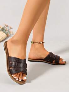 Ximi Ruo Korean Style Casual Flat Slippers, Women's Shoes, Open Toe Sandals For Spring, Summer, Suitable For Dresses, Beach, Apartment, Brown Color - Coffee Brown - View 3