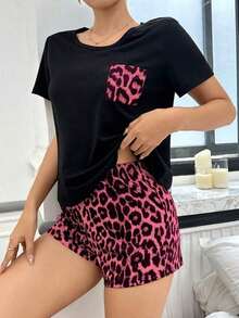 Conjunto de pijama con cuello redondo y manga corta con estampado de leopardo - Multicolor - Ver 6