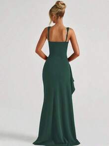 Vestido ajustado elegante y sexy con abertura, adecuado para fiestas de primavera/verano, galas, vacaciones y bodas - Verde Oscuro - Ver 4