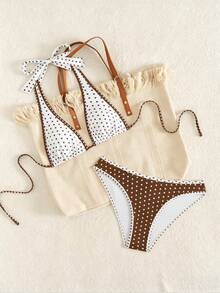 Bộ bikini nữ mùa xuân/hè chấm bi thanh lịch, kiểu dáng thường ngày, áo ngực tam giác màu trắng/nâu cổ yếm chữ V hở lưng buộc dây, quần bơi cạp cao viền tương phản, đồ bơi 2 mảnh kiểu vintage phù hợp cho bãi biển, kỳ nghỉ, tiệc du thuyền sang trọng, tiệc bể bơi. - màu nâu - Xem 3